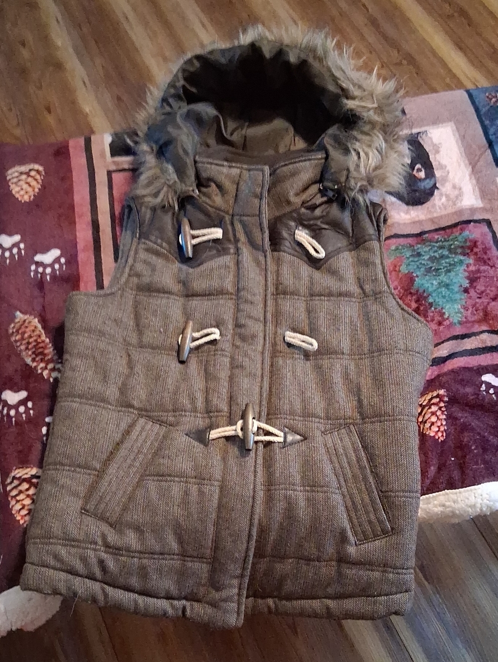 Ci Sono Brown Quilted Hooded Toggle Vest with Faux Fur Trim